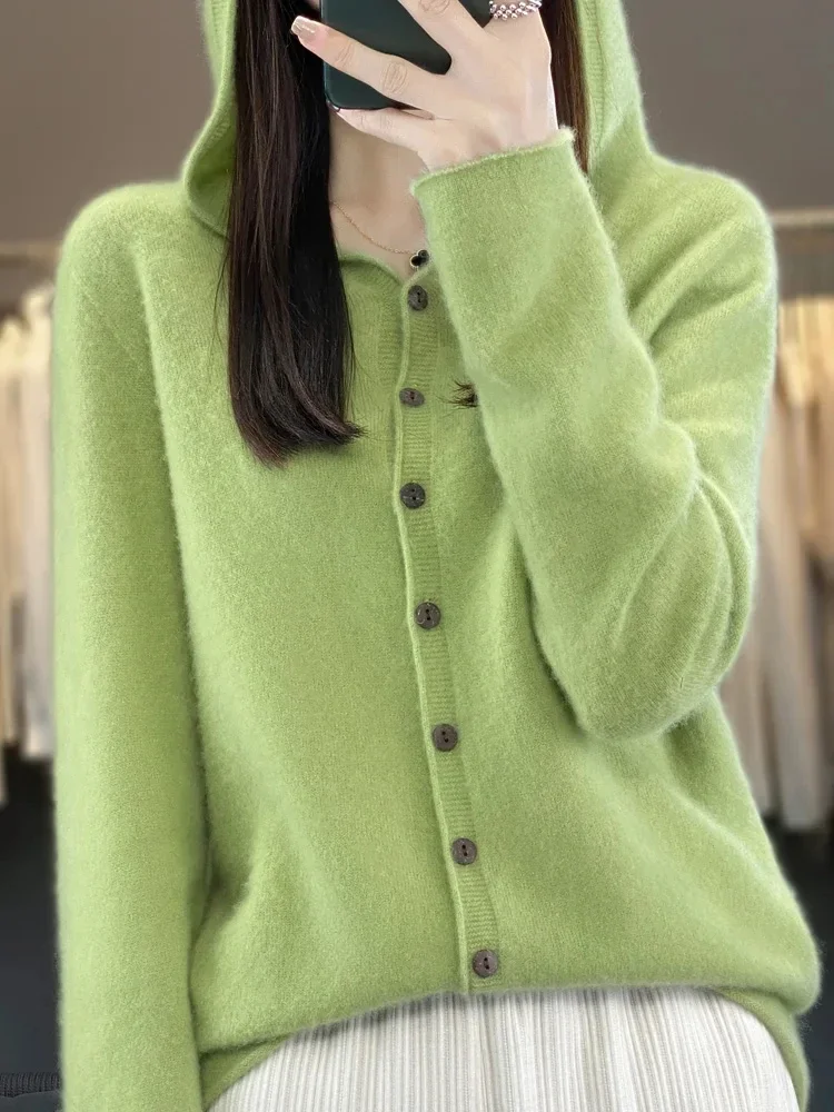 Long Sleeve Women Sweater Autumn Winter Casual Cardigan 100% Merino Wool Solid Hoodie Cashmere Knitwear Korean New Fashion Tops