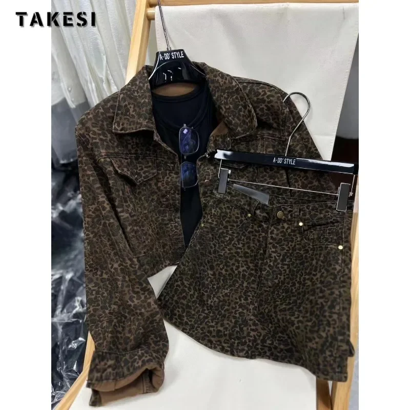 2024 Autumn Vintage Street Style 2 Piece Set Women Turn Down Collar Denim Shirt + Sheath Skirt Retro Leopard Two Piece Skirt Set