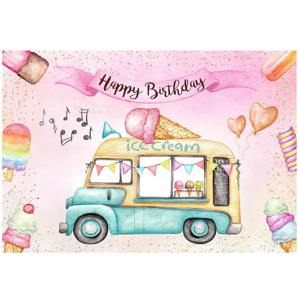 Mocsicka Cartoon Ice Cream Truck Happy Birthday Backdrop Baby Birthday Party Decor Photography Background Studio Photocall Props