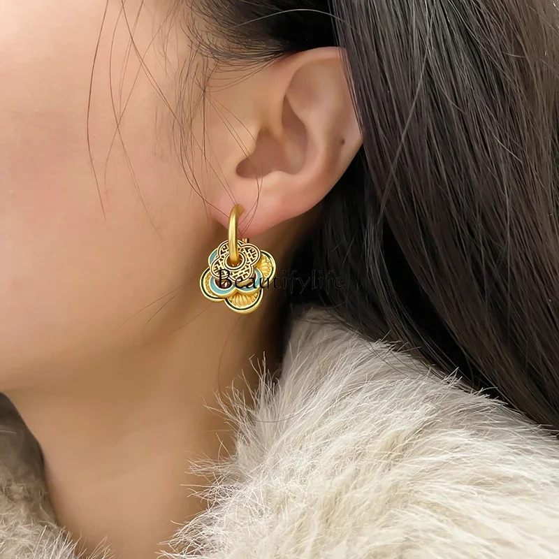 National Fashion Painted Geometric Ear Ring for Women, Temperament Personality, Xiaozhongfu, Ancient Style, Multi-Wear Earrings