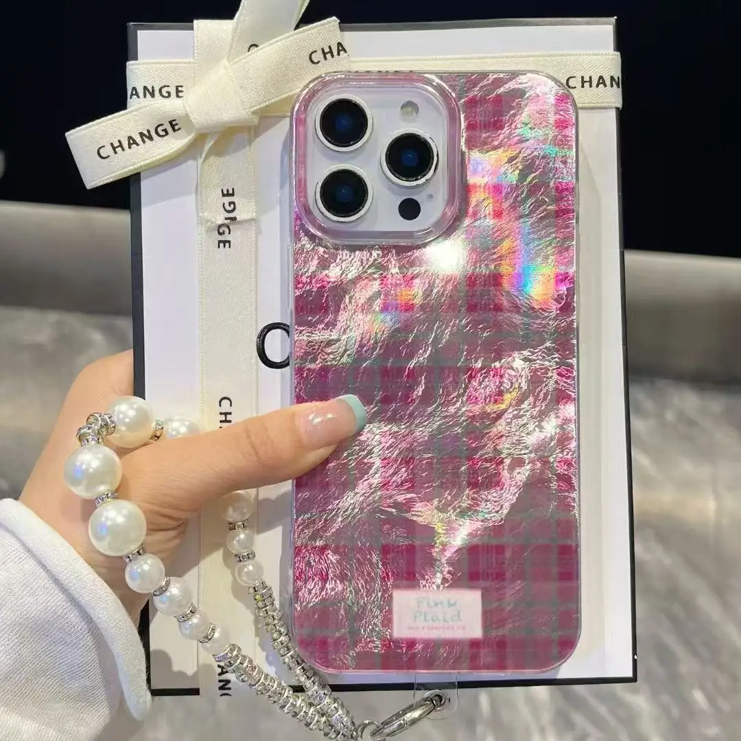 

High Quality Phone Case For iPhone 16 15 13 12 11 14 ProMax Plus + Luxury Bright lattice Cover with chain For iPhone15 16 Promax