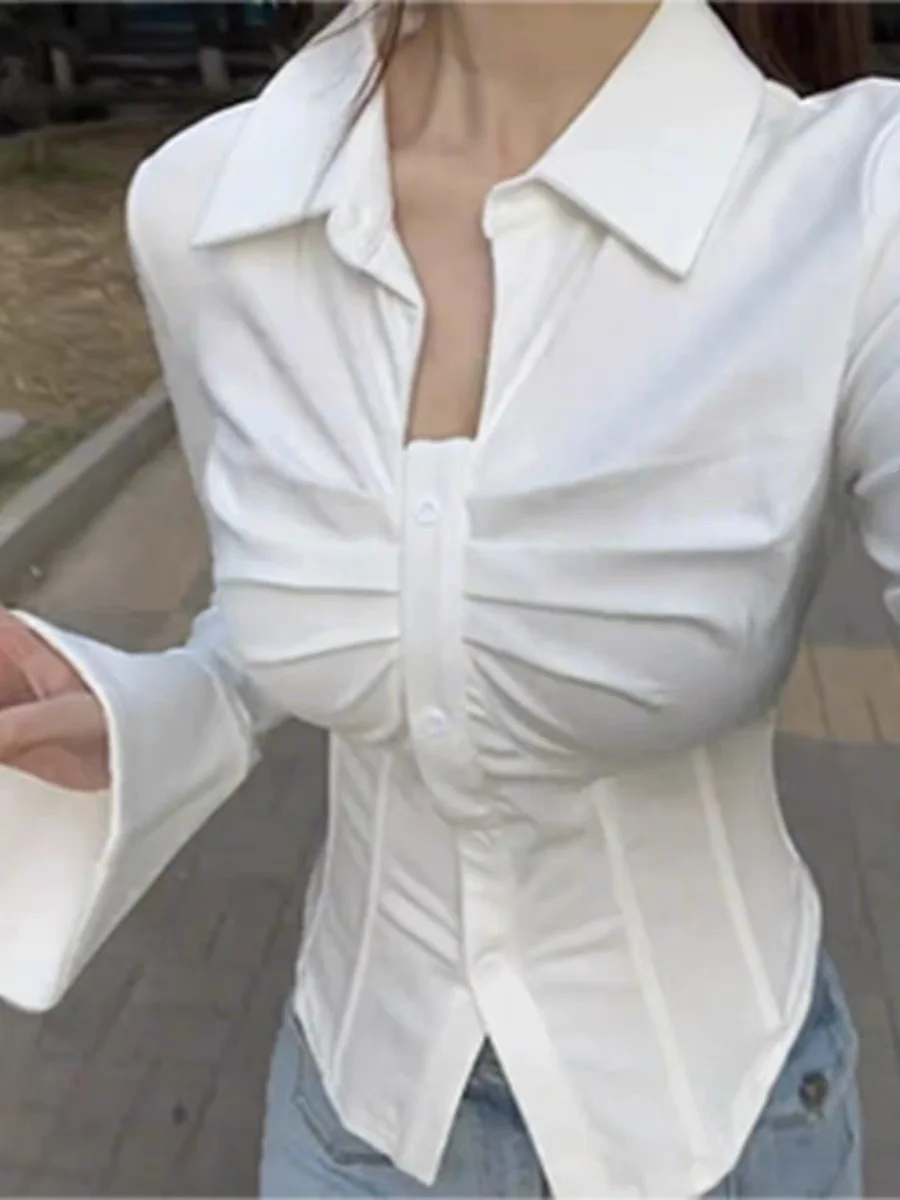 เสื้อกั๊กกระชับสัดส่วนไซส์ใหญ่สำหรับผู้หญิง แฟชั่นฤดูใบไม้ผลิ แขนกระดิ่ง สีพื้น ติดกระดุม สไตล์เกาหลี เหมาะสำหรับใส่ทำงาน