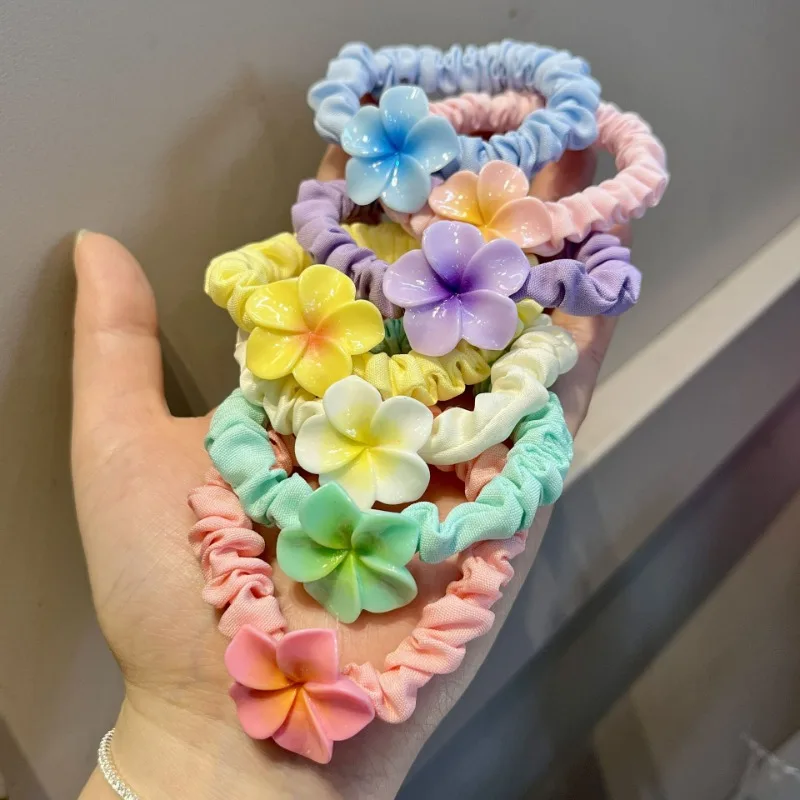 2pcs Hair Rope Plumeria Flower Hair Ring Traditional Egg Flower Rubber Band Hair Ornaments Colorful Flower Headdress