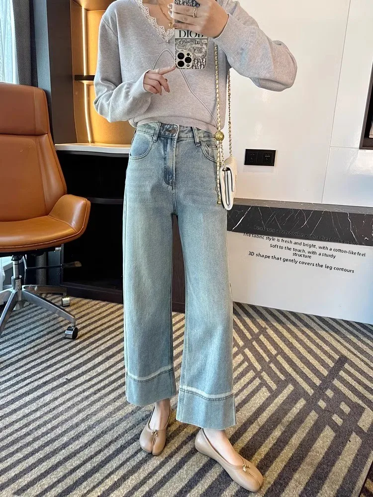 

Весна 2025: Модные женские джинсы с высокой талией, прямые широкие штанины, светлые, универсальные, больших размеров, утягивающие, укороченные (7/8)