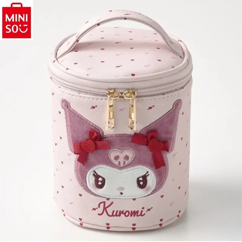 MINISO 2025 New High Quality Embroidered Kuromi Cylinder Makeup Bag for Women, High Quality Large Capacity Storage Handbag