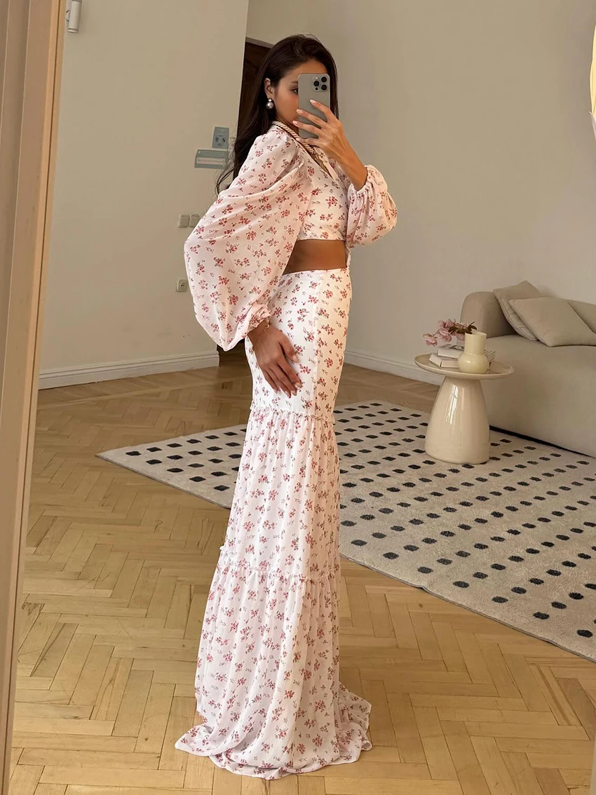 Marthaqiqi Fashion Ladies Nightgown Long Sleeve Sleepwear V-Neck Pajama Show Waist Nightie Ankle-Length Printing Femme Nightwear