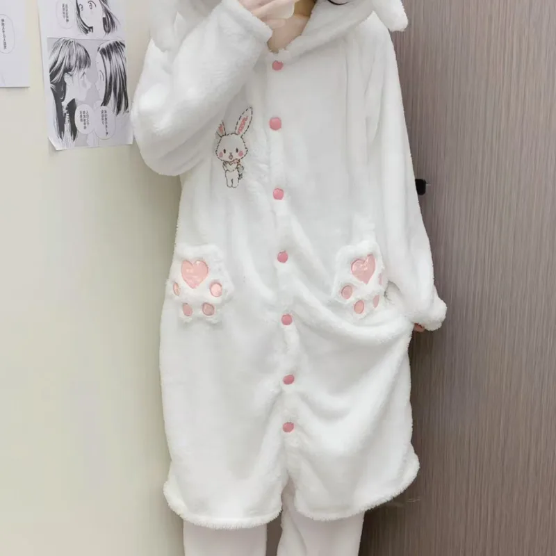 3D Ugly Wishing Rabbit Pajama Women Winter Funny Ins Cat Claw Coral Velvet With Thick Plush Cute Rabbit Long Robe Pajama Set New
