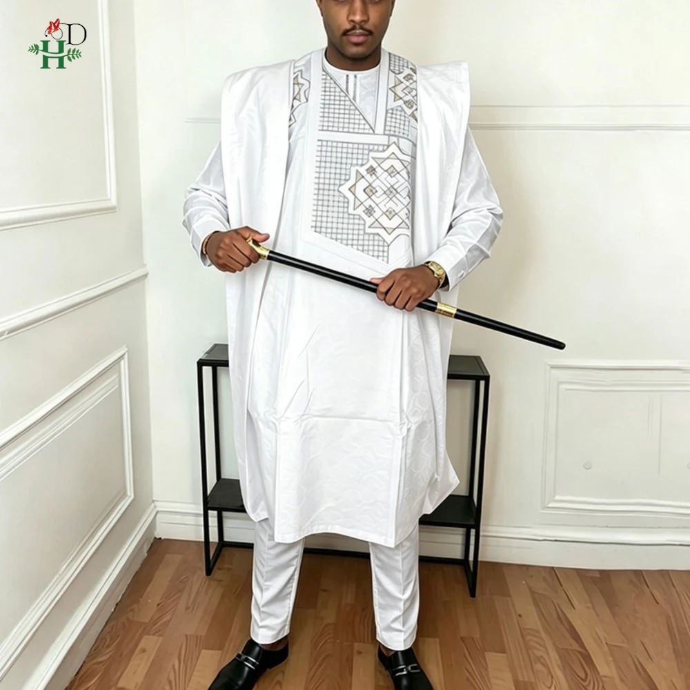 

New Dresses on Clearance Sale African Dresses for Man Agbada Sets 3PCS White Embroidered Vrai Bazin Original Vêtements d'afrique