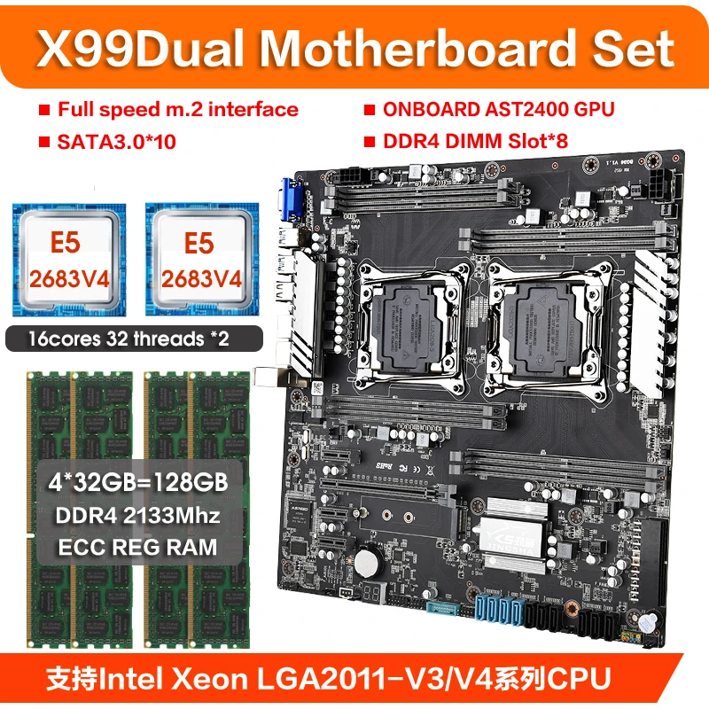 X99 DUAL Gaming Motherboard Combo Set kit with 2 Pcs xeon E5 2683 V4 CPU and 128GB(4*32GB) DDR4 2133MHz ECC RAM placa mae x99