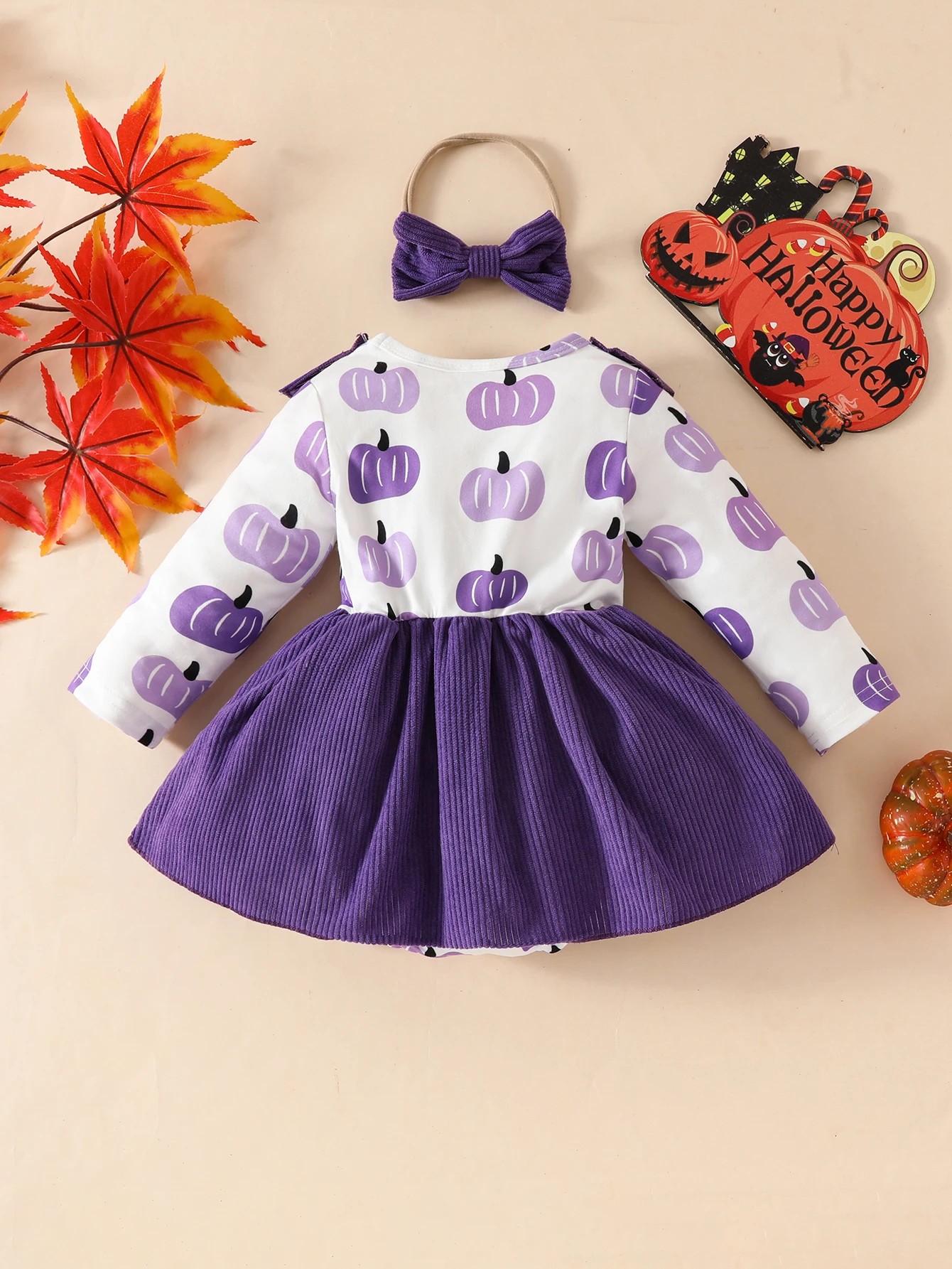 Baby Girl\'s Halloween Party Cute Pumpkin Cartoon Print Festival Style Bow Ruffled Fake Two-piece Suspender Skirt Triangle Climbing Clothes+headscarf