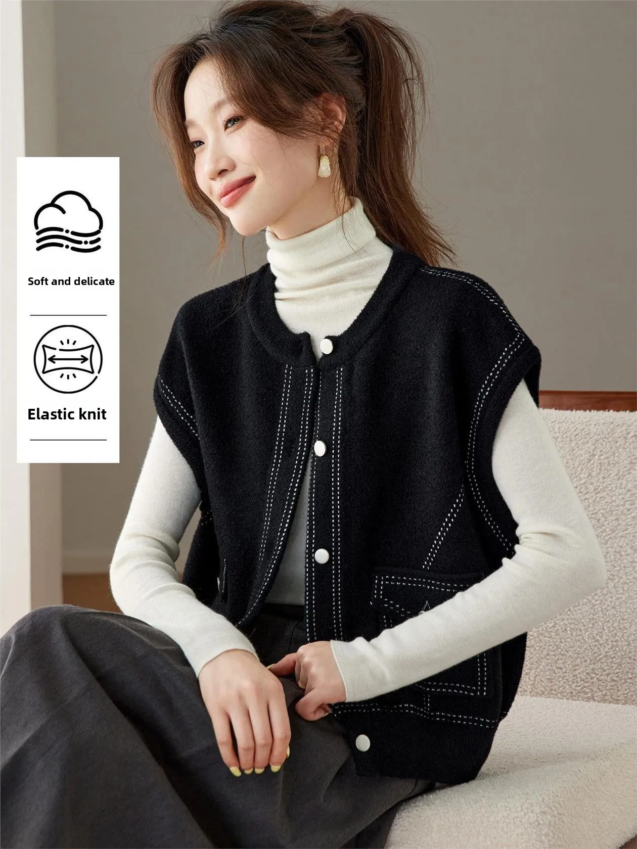 

Faionable round Ne Svel Knitted Vest Loose Casual Tank Top Women's Autumn New Sle Cleanfit Sle Polyester Fiber