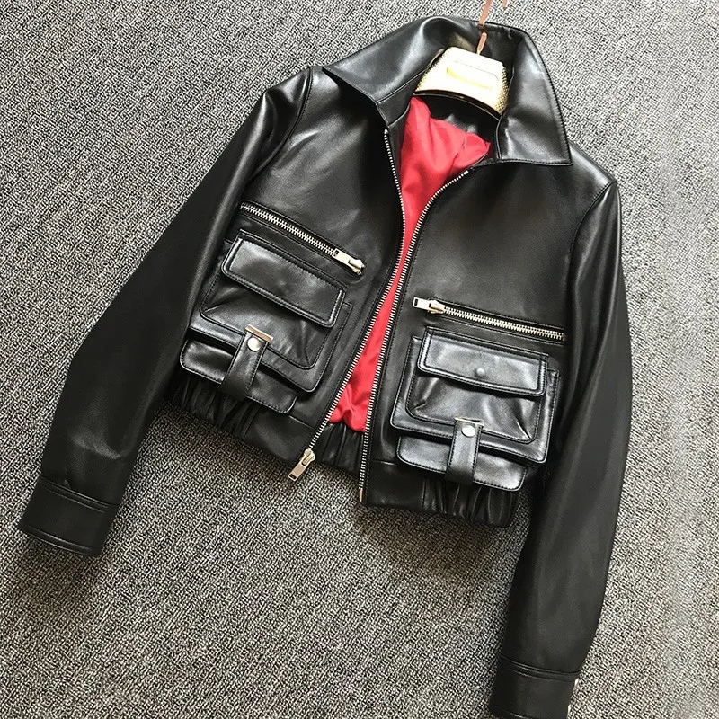 

2023 Women Spring Casual Short Coat Pockets Elastic Waist Sheepskin Genuine Leather Jacket Streetwear Fashion Slim Fit Leather