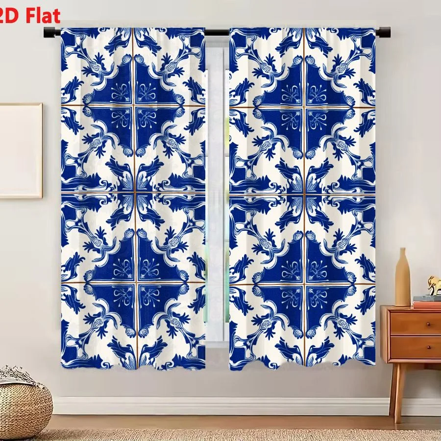 2Pcs Curtains 2D Flat Cobalt Blue And White Portuguese Azulejo Ceramic Tile Pattern With Floral Motifs Window Drapes for Bedroom