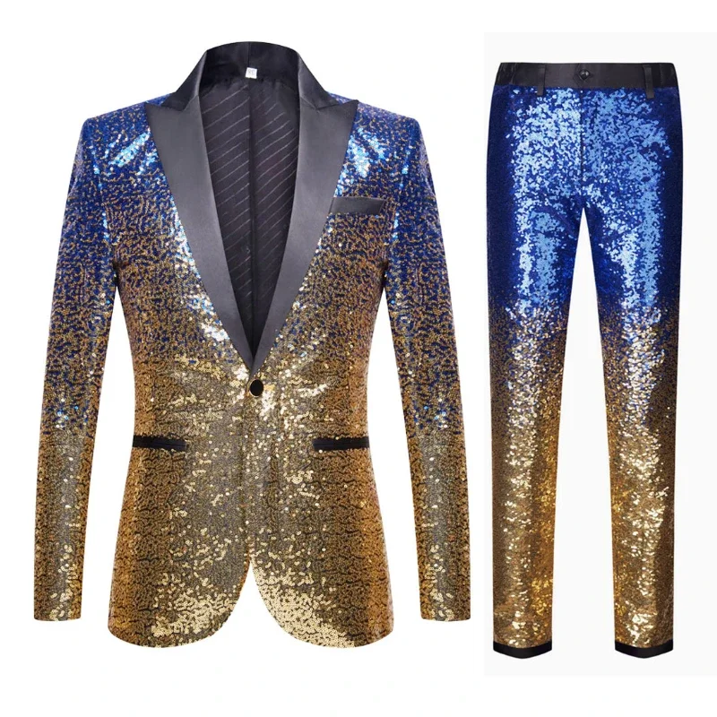 High Quality (Blazer + Trousers) Men\'s Fashion Elegant Casual Wedding Groomsmen Banquet Dance Party Sequin Costumes 2 Piece Set