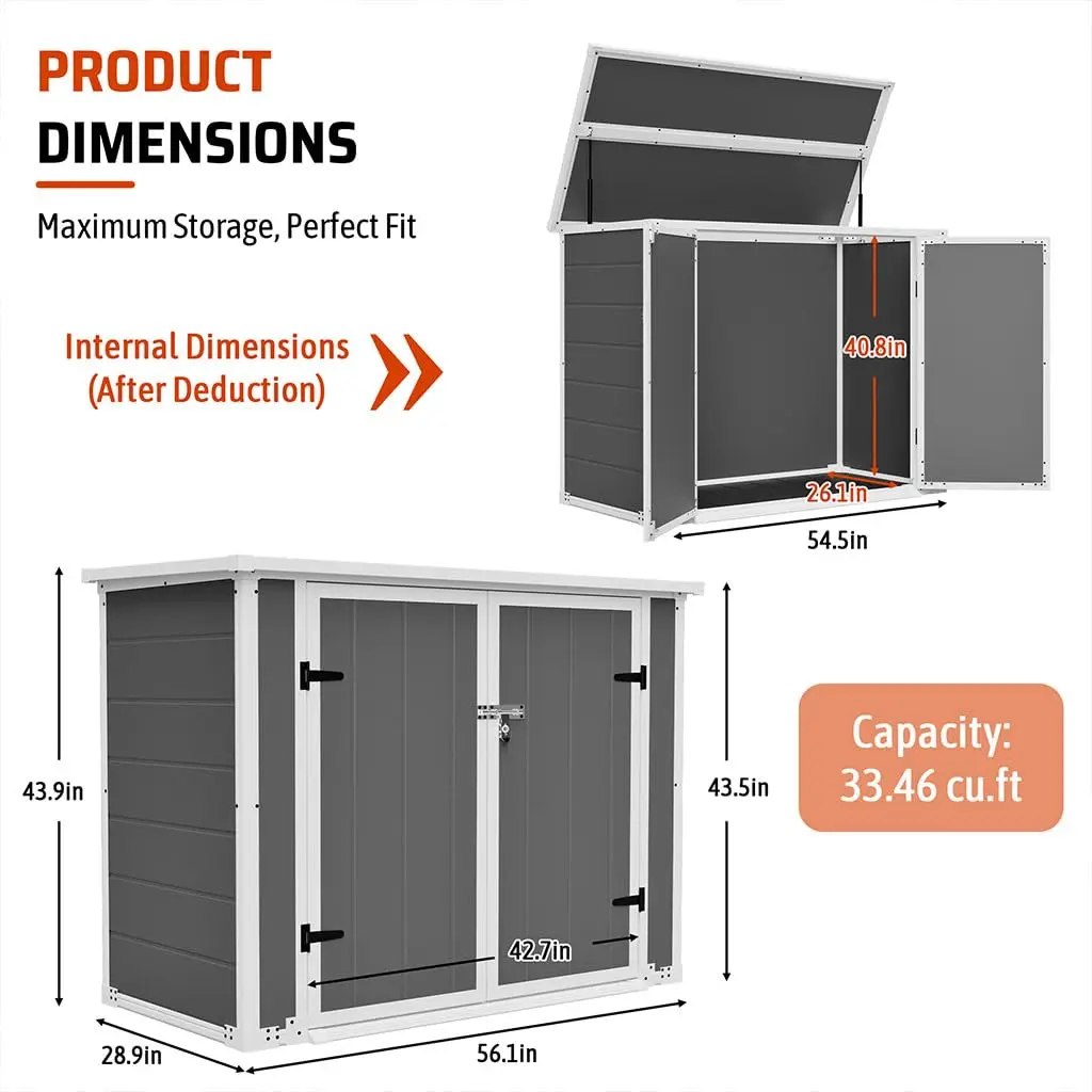 33.46 Cu.Ft Outdoor Storage Shed for 2x50 Gallon Bins, Lockable Resin Horizontal Shed with Ramp & Hydraulic Lid, Customized