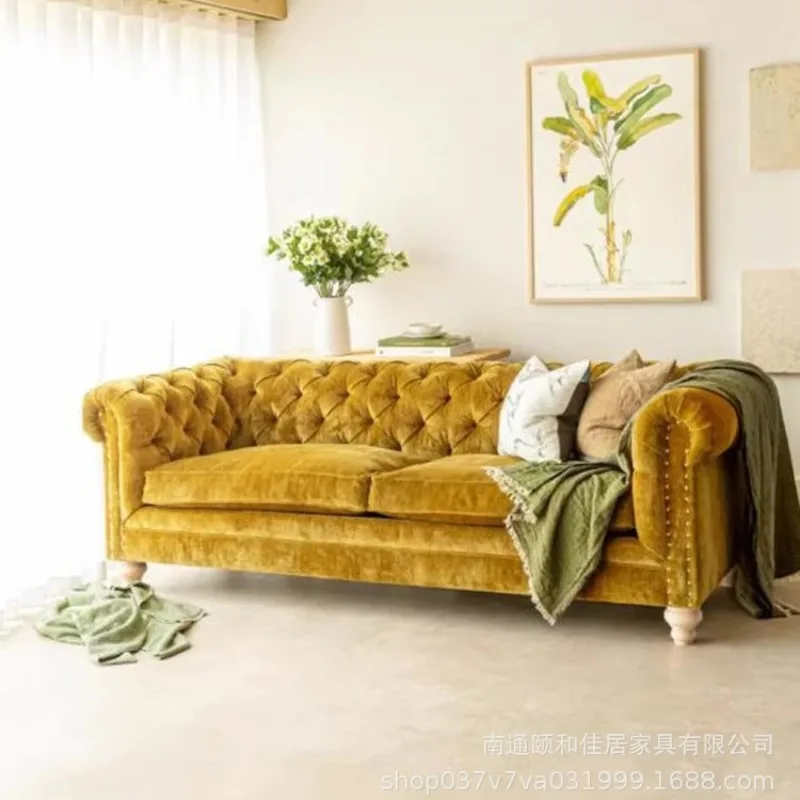

Retro style American buckle sofa French light luxury log style ginger chenille flannel straight row three-person sofa