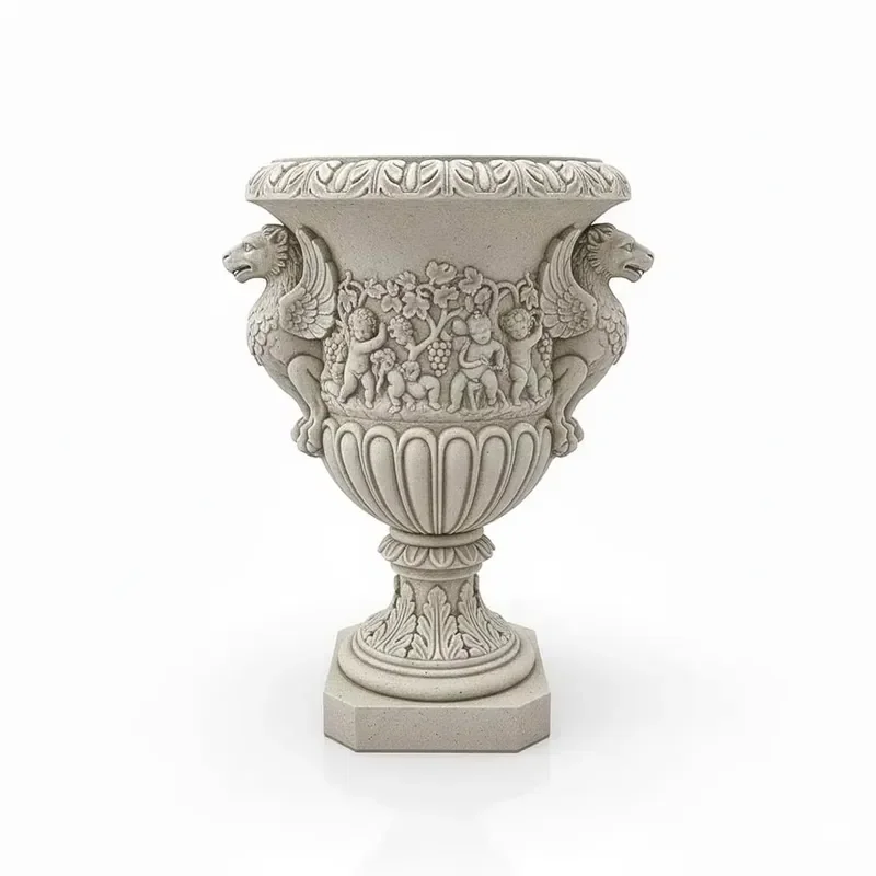 Renaissance Style Griffin and Cherub Resin Flowerpot Stone Effect Finish for Country Cottage Mountain Terrace Garden Display
