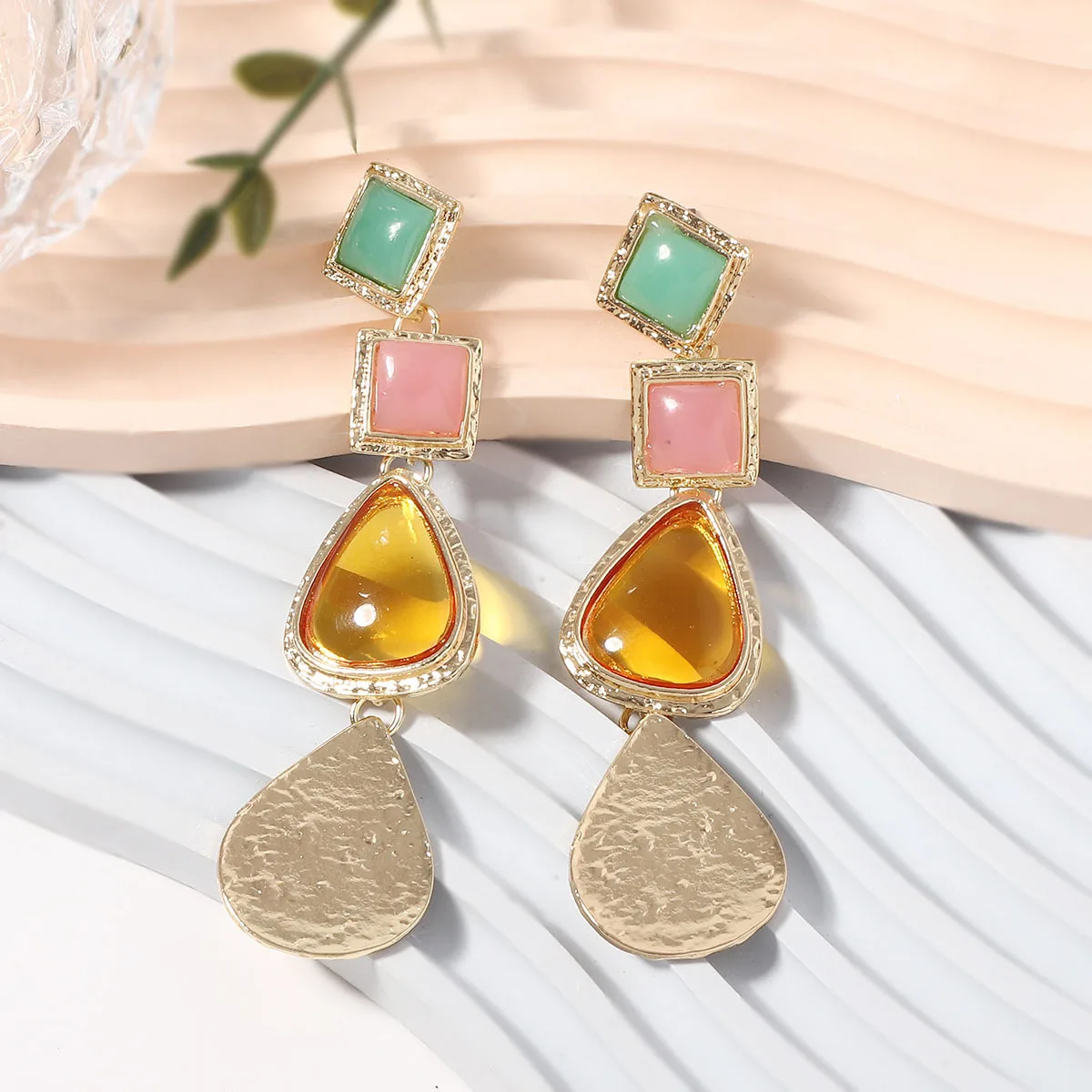 Fashionable multi-layered square teardrop-shaped inlaid candy-colored resin long earrings in a royal resort style