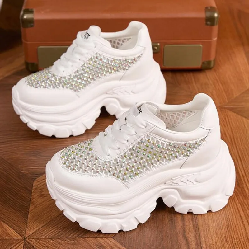 

Luxury 9cm Air Mesh Microfiber Leather 2026 Summer Bling Bling Fashion Ankle Boots Hollow Chunky Sneakers Vulcanize Women Shoes