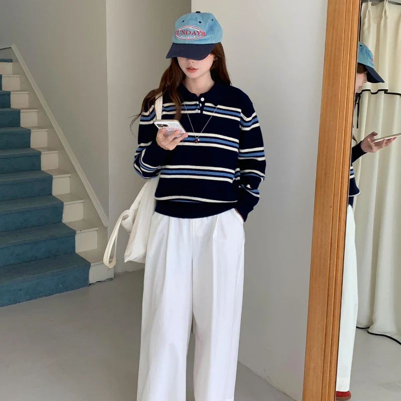 Autumn Winter New Arrival Women's Merino Wool Pullover Sweater Polo Collar Horizontal Stripe Pattern Preppy Long Sleeve Knit Top