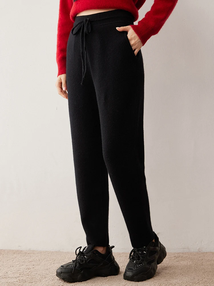 Potloodbroek Warm Zacht 100% Kasjmier Gebreid Slim Fit 2025 Nieuwkomers Zak Trekkoord Elastische Tailleriem Dames Dik Lang