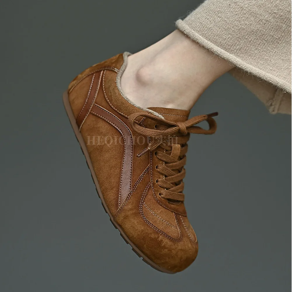 Zapatillas Deportivas de Mujer en Cuero Genuino Color Marrón Caramelo, Forradas de Felpa, con Cordones, Estilo Retro, Cálidas y Planas para Entrenamiento