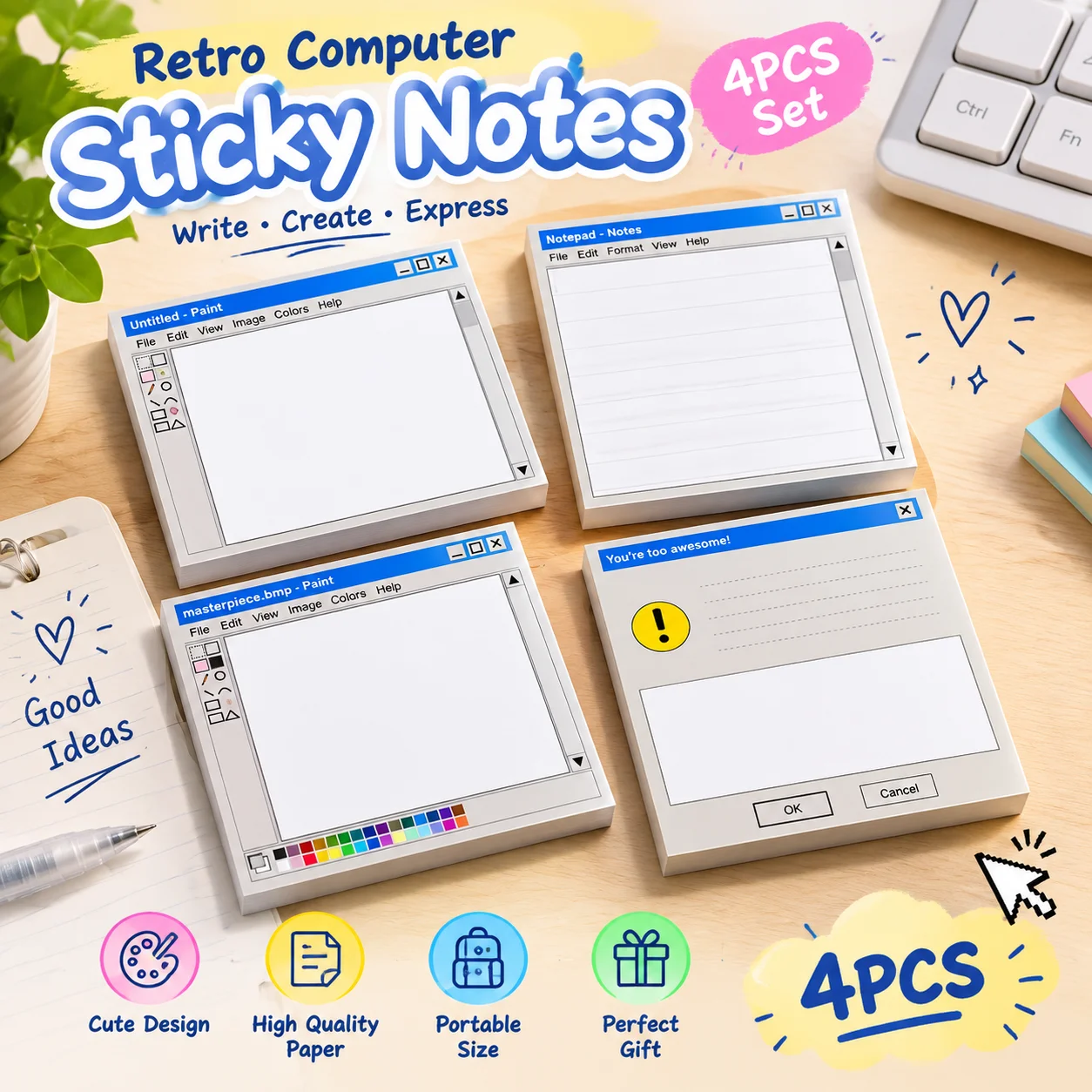 Retro PC Shaped Sticky Notes Set, 4Pcs 200 Sheets 7.62x7.62cm, Vintage Memo Pads, Desk Decor Gift for Coworkers & Geeks