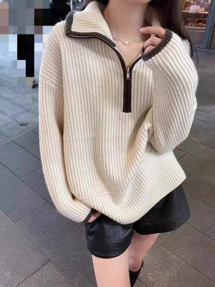 100 wool knitted pullover sweater for women in autumn and winter, fashionable color blocked women's cashmere sweater new style