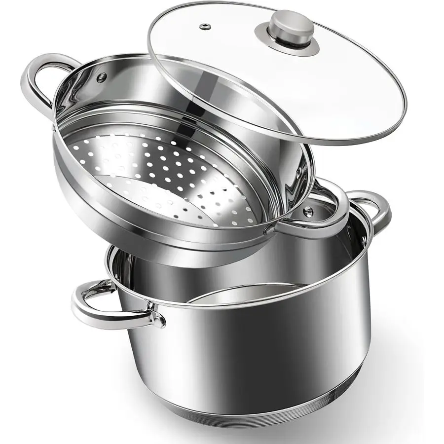 

Набор посуды QT из нержавеющей стали, универсальная кастрюля из 3 предметов с кастрюлей для пароварки и крышкой из закаленного стекла, ручка из нержавеющей стали,