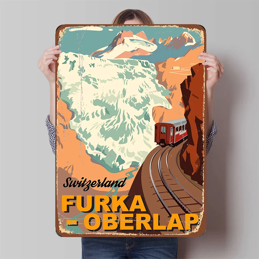 Swiss Classic Railway Landscape Metal Wall Art Vintage Travel Decor Furka Oberlap Pass Scenic Painting