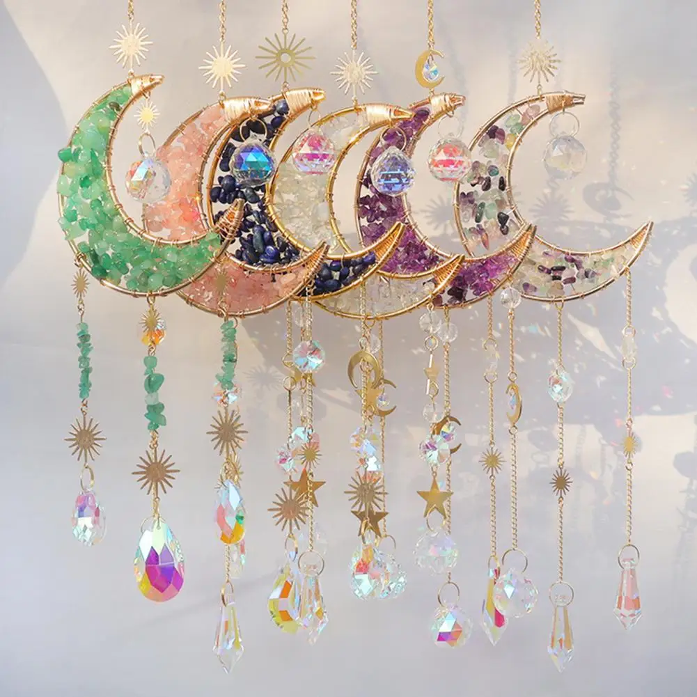 Crystal Wind Chime Moon Sun Star Catcher Prisms Pendant Dream Catcher Rainbow Hanging Drop Home Garden Corridor Decor Windchime