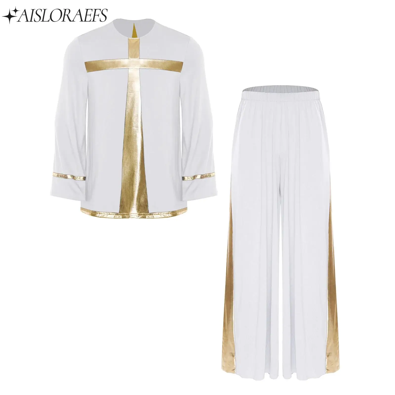 

Mens Church Choir Performance Outfits Liturgical Dance Outfit Worship Dancewear Pullover Tunic Shirt+Pants Halloween Party Suit