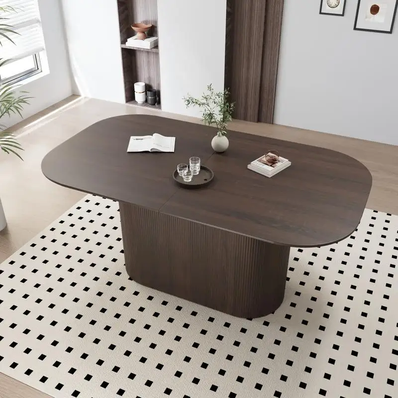 طاولة طعام بنية MDF مقاس 63 بوصة، حافة عادية، مقاعد 4-8، أرجل مخططة عمودية، بلوزة سميكة أنيقة، مثالية للاستخدام المنزلي والمطبخ
