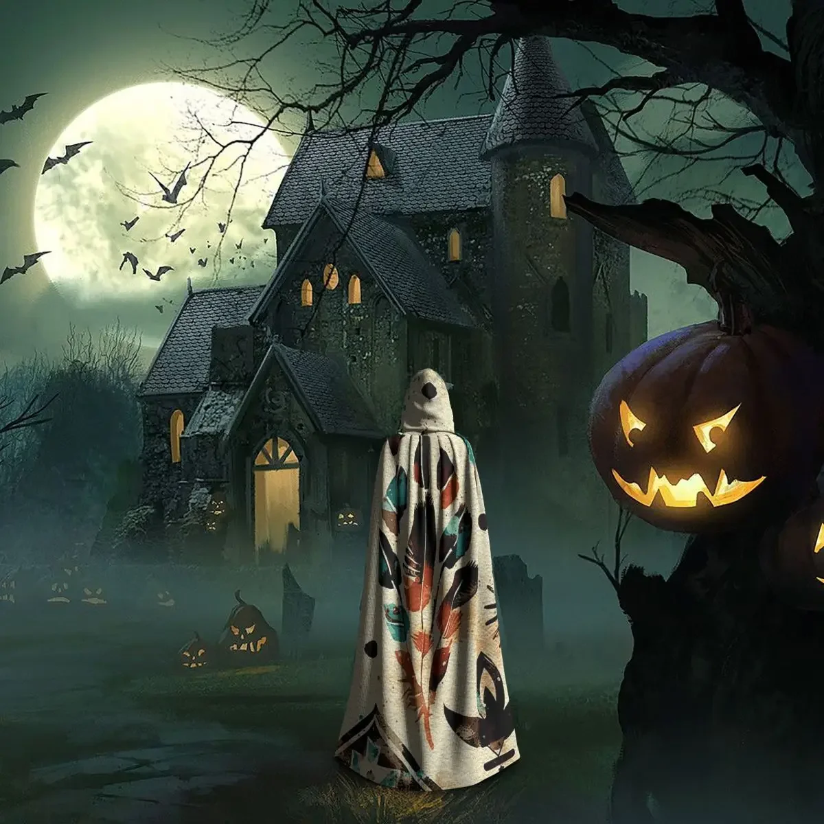 الأمريكية العرقية القبلية الفن المائية نمط طويل مقنعين عباءة الساحرة القرون الوسطى زي تأثيري كيب هالوين مصاص دماء الكبار #5