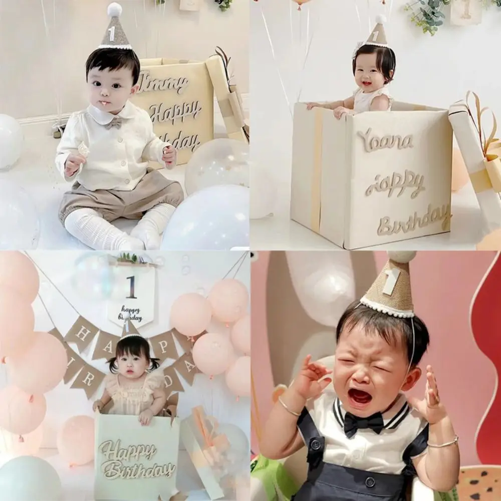 Burlap Material Burlap Birthday Hat 100-day Newborn Hat Baby 1~3 Year Birthday Headband with Ball Newborn Size