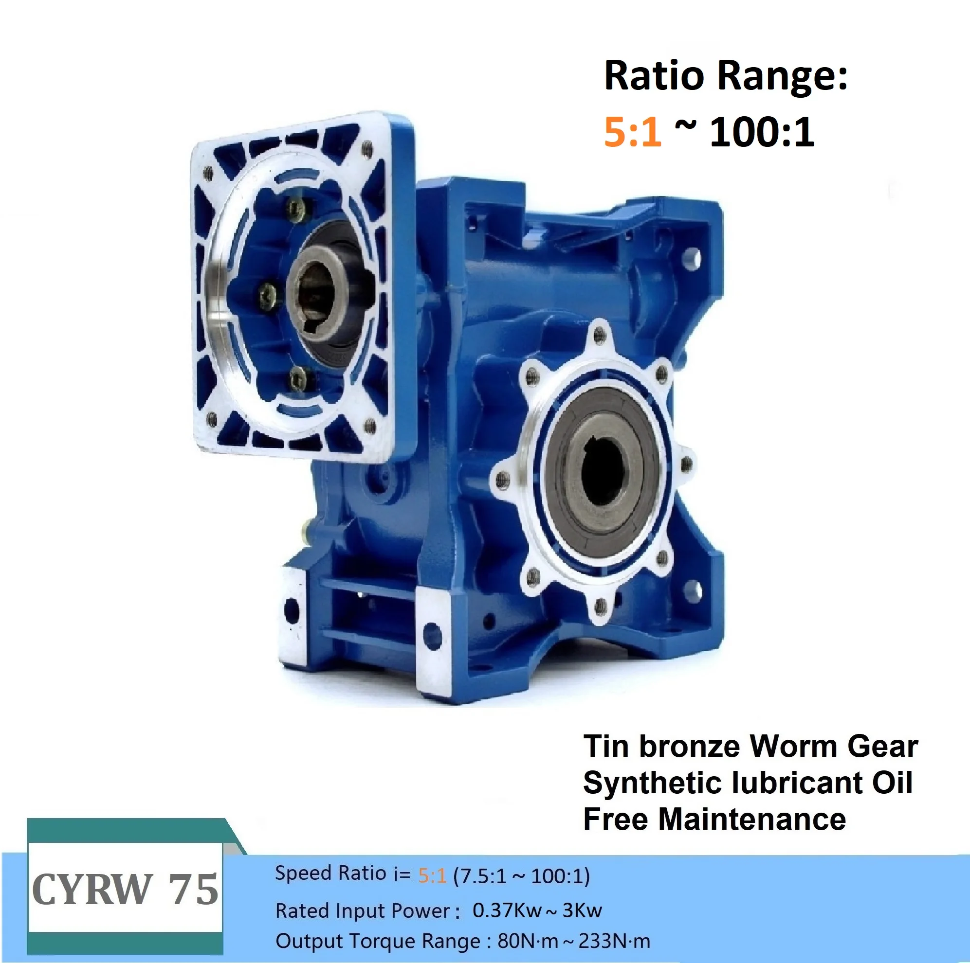 

CHENYUE Worm Gearbox Speed Reducer NMRW75 CYRW75 Input 19 Output 30 Ratio 20-100 Tin bronze Worm Gearbox Customized Model