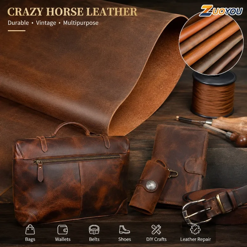 

Crazy Horse Genuine Leather Sheet Top Grain Cowhide Leather for DIY Crafts Wallet Belt Bag Book Cover Knife Sheath 1.5-1.7mm