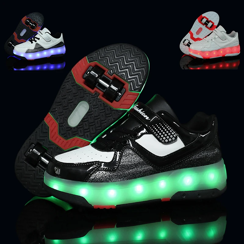 2023 Girls Boys New Lovely Sneakers Children Autumn Leather LED Luminous With Four Wheels Shoe Winter Charging Roller Skate Shoe