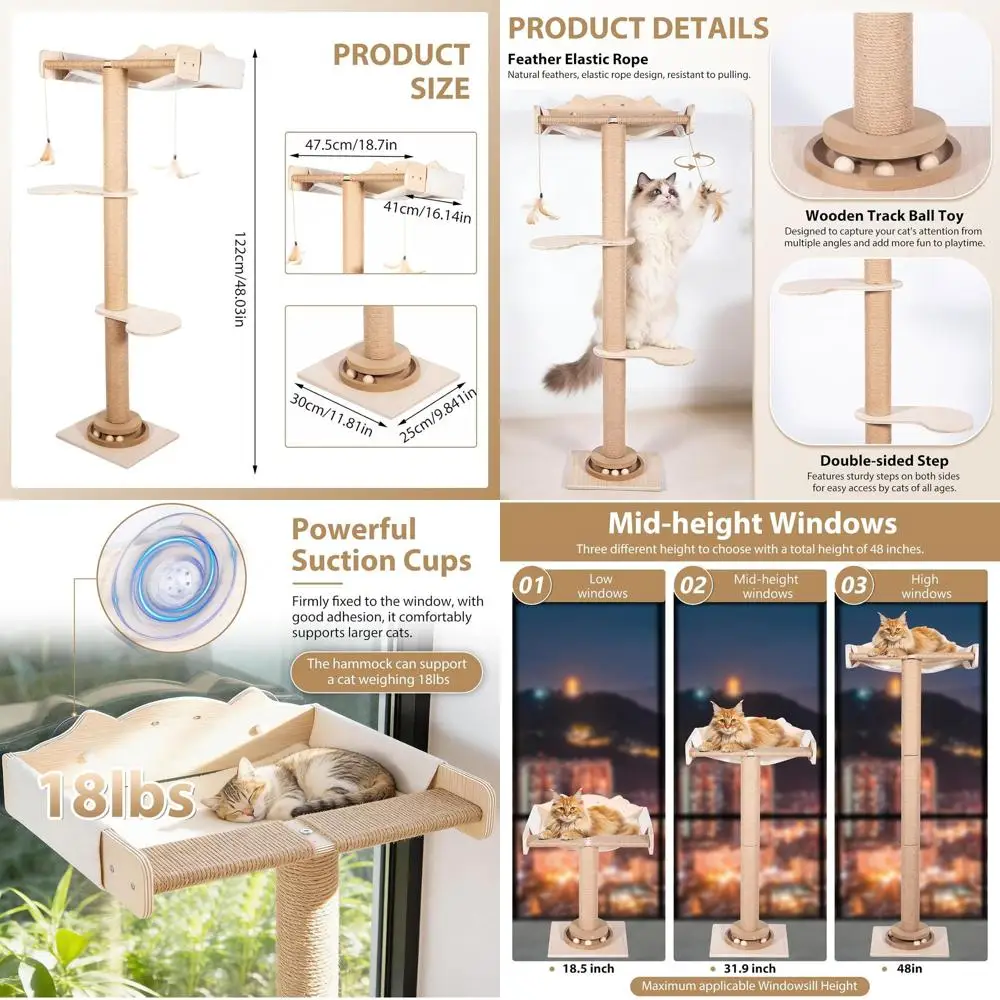 

48 Adjustable Multi-Level Cat Tree with Sisal Scratching Post, Window-Mounted for Large Cats - Climbing, Sunbathing, and Birdwat