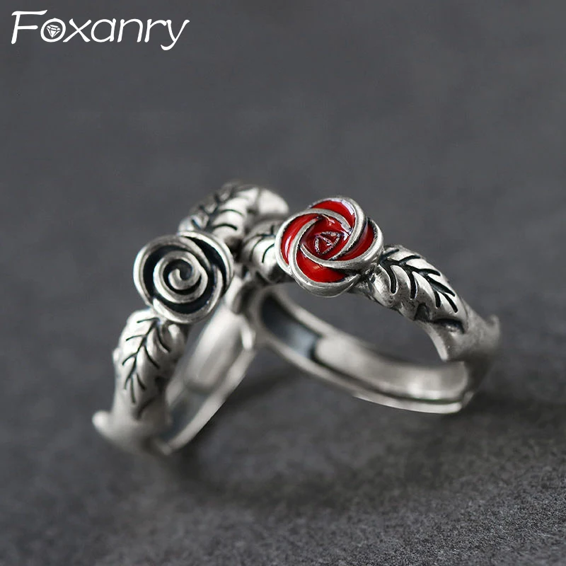 Foxanry Silver Color Rose Flower Ring For Women Couples Vintage Simple Personality Elegant Sweet Trendy Anniversary Jewelry Gift