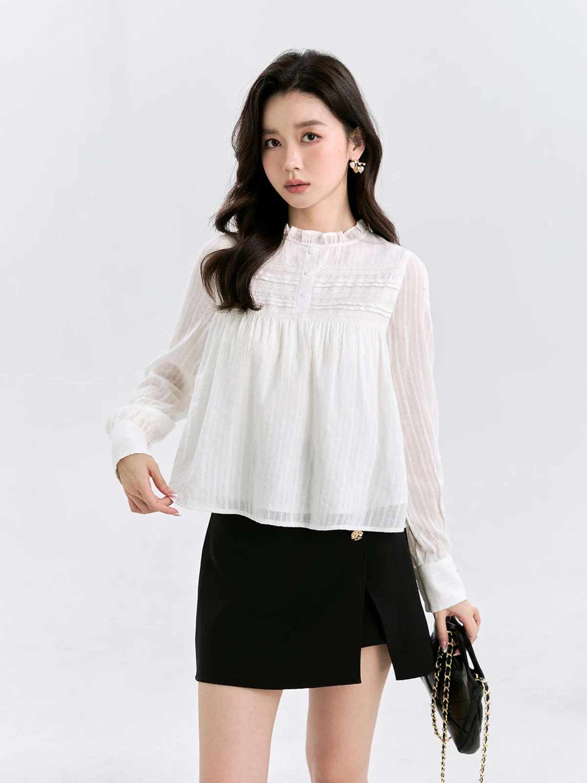 

Новая осенняя модная женская свободная длинная белая рубашка с воротником-стойкой, плиссированная, маленького размера, для офиса/повседневной носки