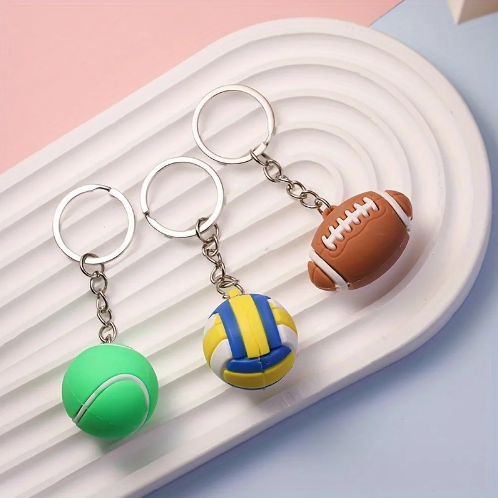 Sports-Themed Keychain Set - Basketball, Football, Volleyball, Tennis, Rugby - Soft PVC Rubber Ball Charms for Bags & Car Keys