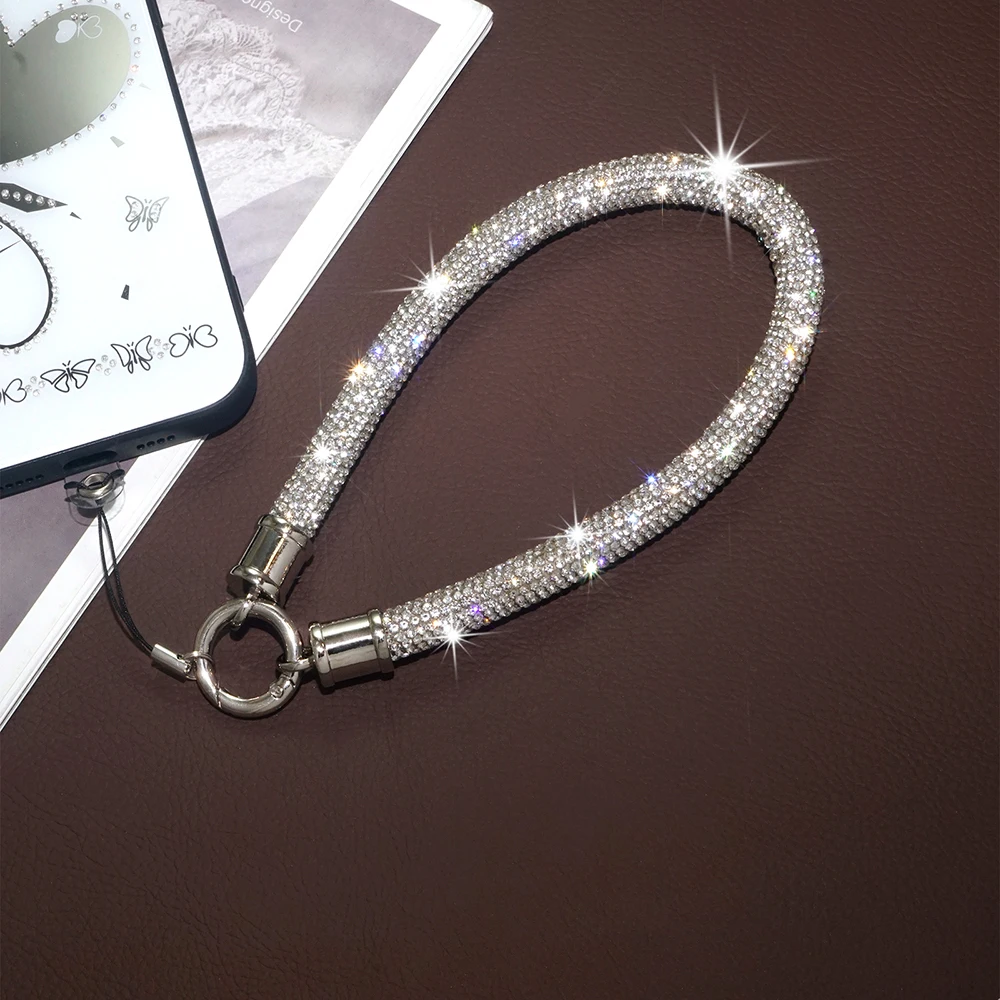 For Mobile Phone Case Colorful Rhinestone Trim Cotton Core Base Lanyard Wrist Strap Anti-Lost Sling Short Bracelet Chain