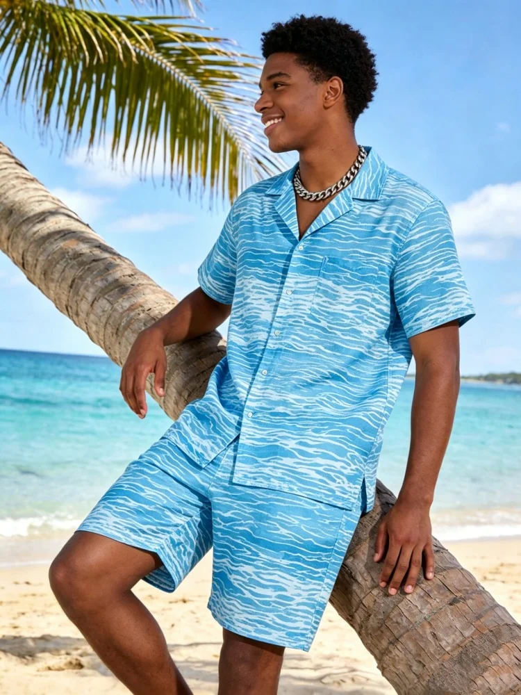 

Men's Short Sleeve Lapel Shirt & Shorts Set, Loose Comfort Water Wave Print Casual Summer Outfit