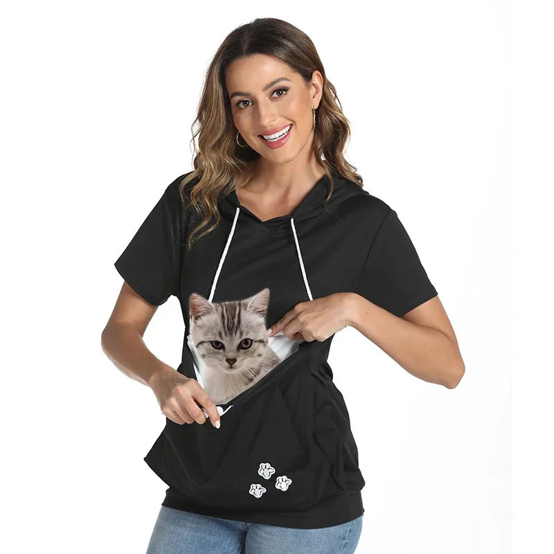 Cat Lovers T shirt Large Pocket Short-sleeved Hooded T-shirt Fashion Loose Pocket Top Hoodie Can Hold Cats