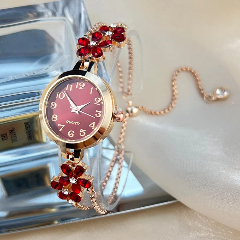

Fashion Flower Rhinestone Watches Simple Bracelet Wristwatches Adjustable Strap Quartz Watch Gifts