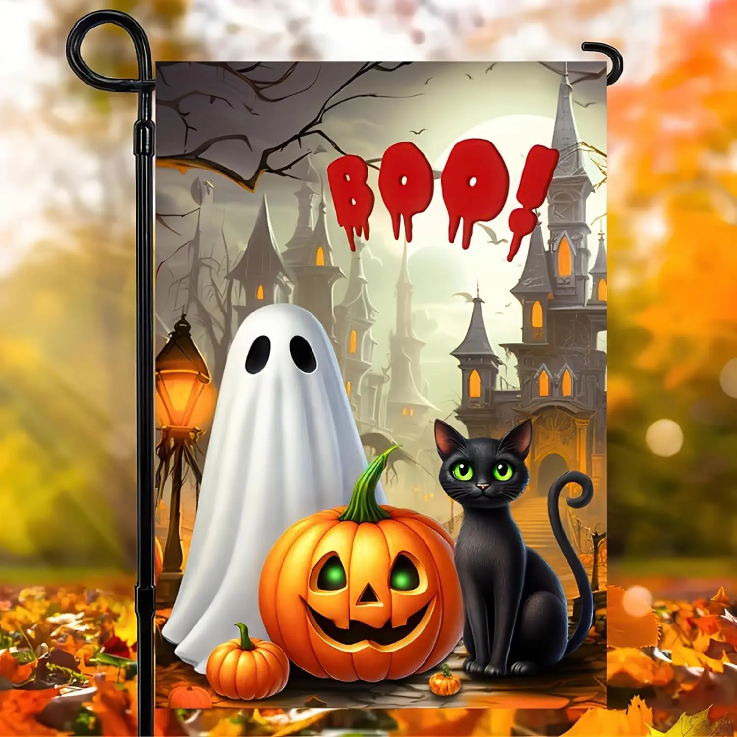 Halloween Welcome Garden Flag 12 x 18 Double Sided Decorations Black Cat BOO Spooky Ghost Pumpkin Garden Flag Holiday Yard Banne