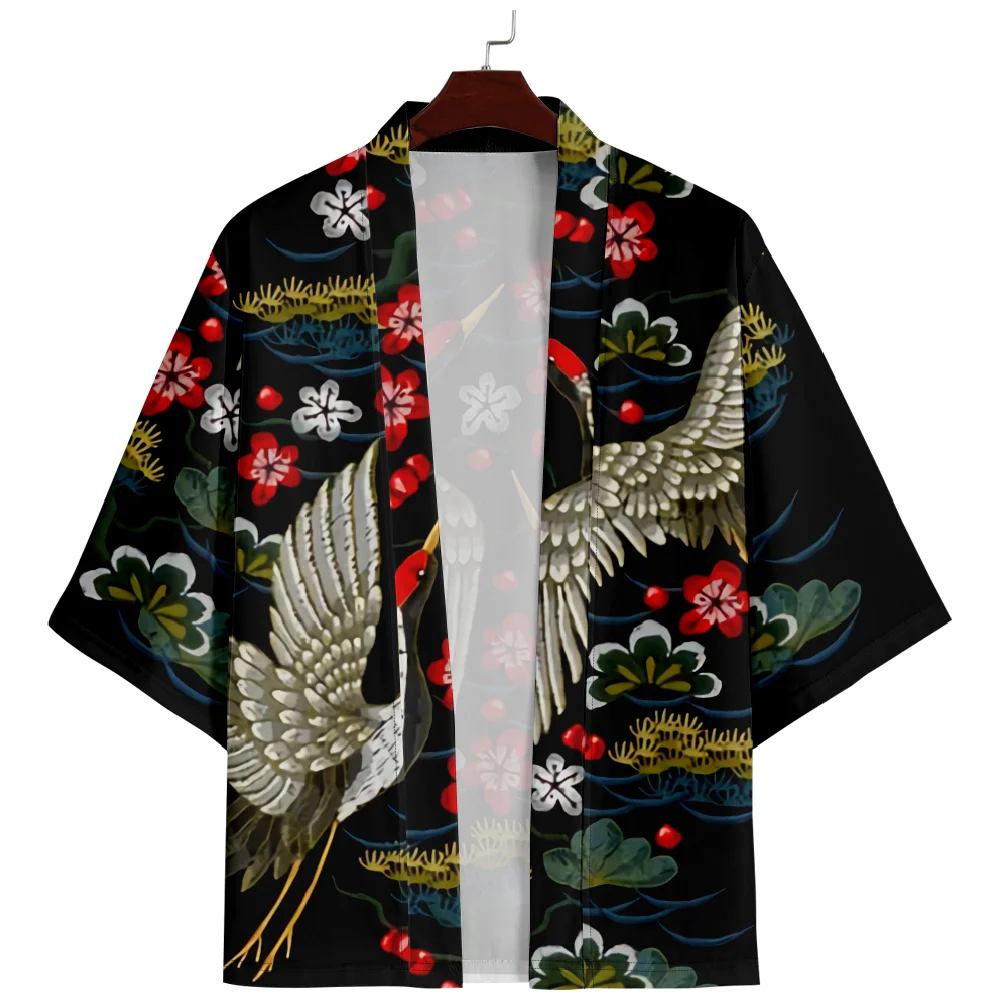 

Vintage Japanese Floral Crane Print Kimono Streetwear Men Women Cardigan Haori Harajuku Beach Yukata Plus Size 5XL 6XL