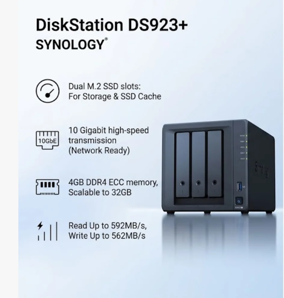 Synology DS923+ 4-Bay NAS Storage Server AMD Ryzen R1600 4GB ECC RAM Dual M.2 NVMe Slots 10GbE Ready DiskStation Enclosure