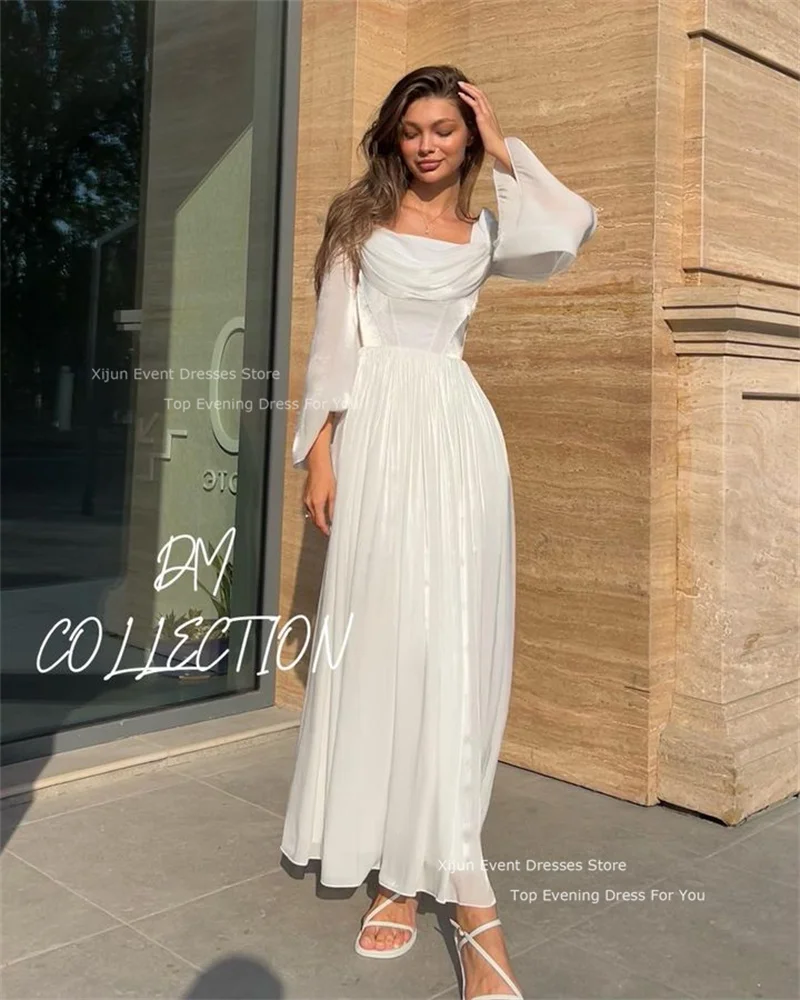 Xijun White Short Prom Dresses Ankle Length Square Collar Evening Dresses A-Line Formal Prom Gowns Full Sleeves 2023 Party Gowns